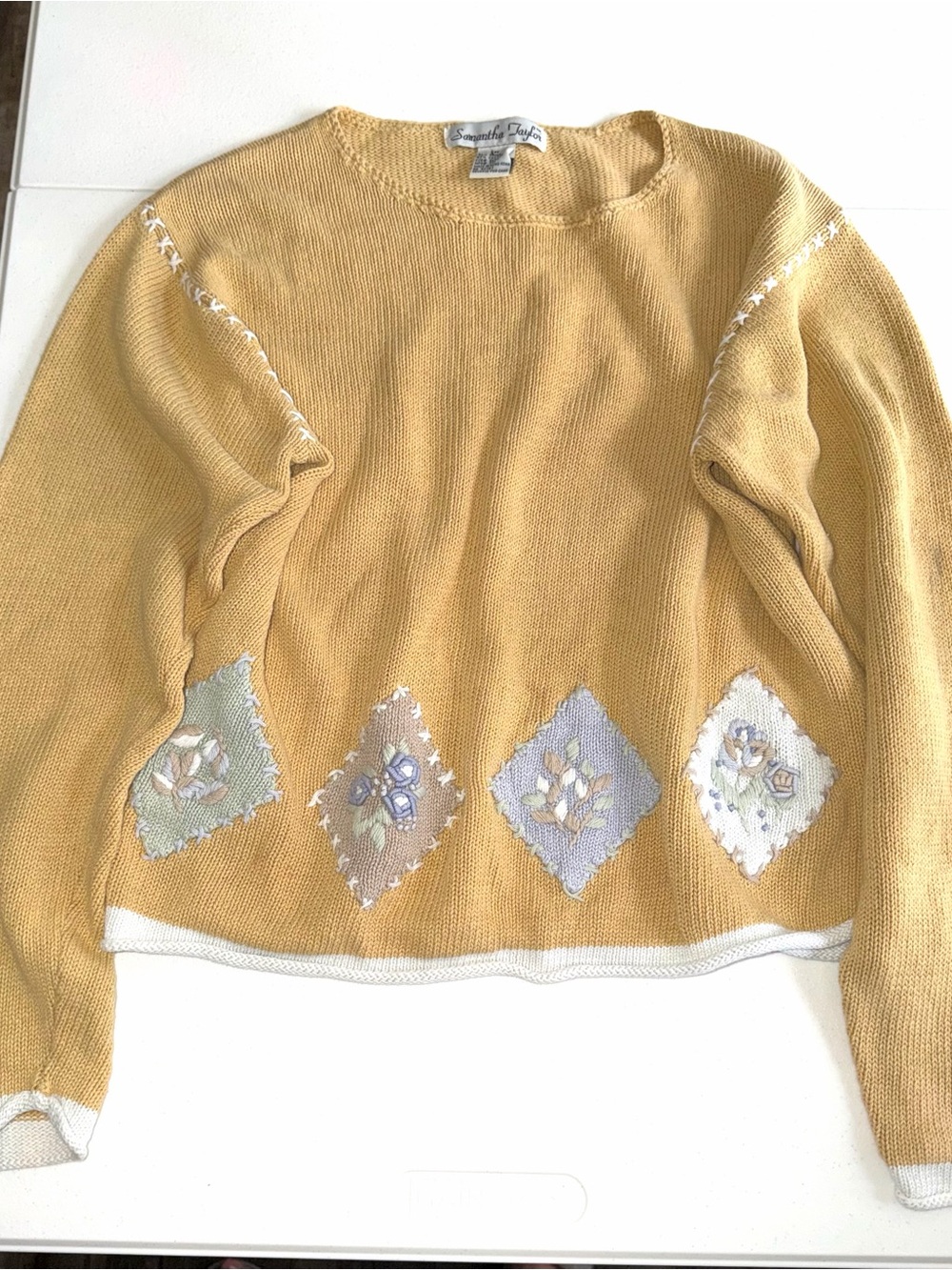 Vintage Samantha Taylor Mustard Floral Patchwork Knit Sweater size M